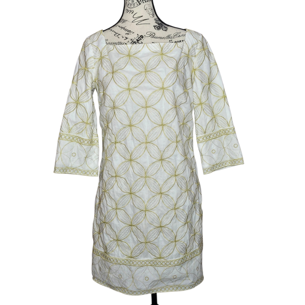 Lilly Pulitzer Lyla Gold White Geometric 3/4 Sleeves Embroidered Dress Sz 6